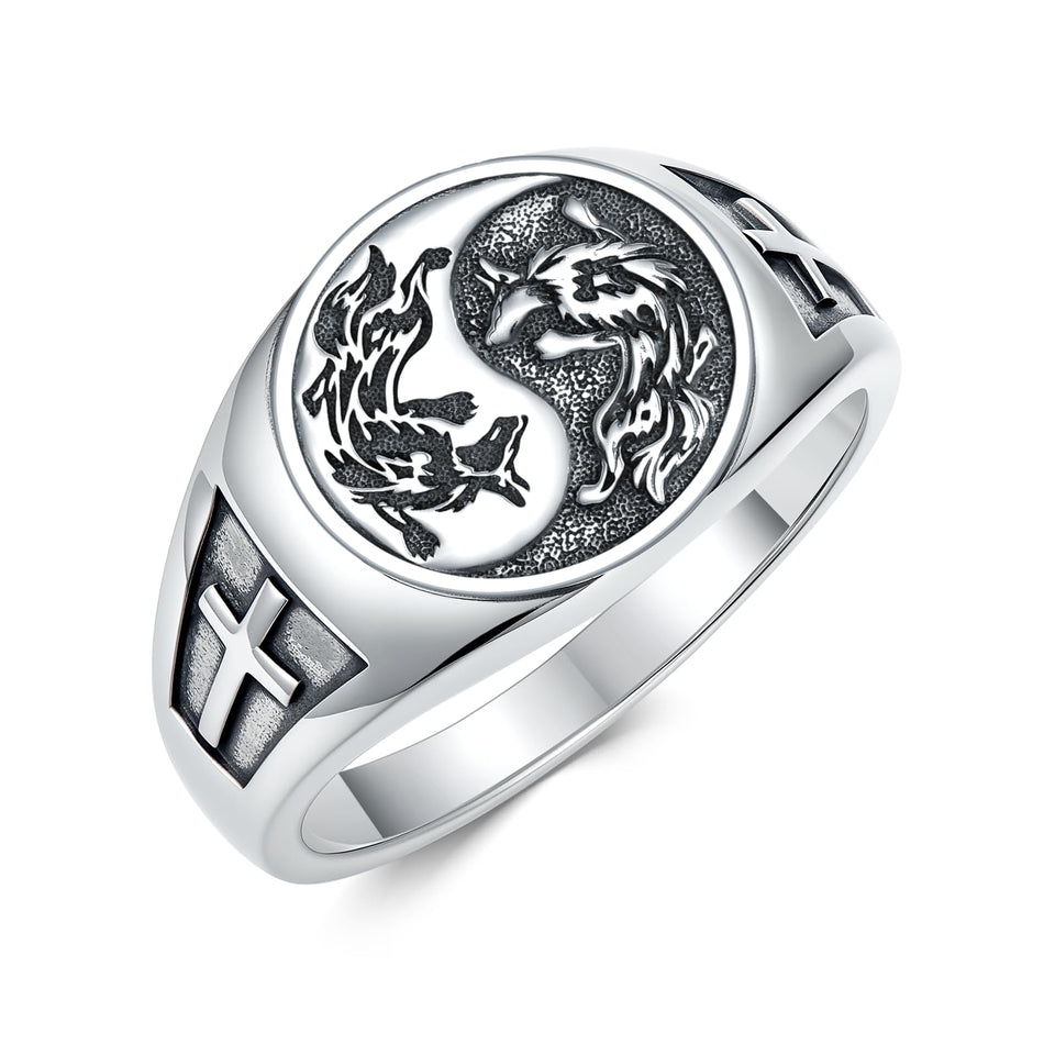 Sterling Silver Yin Yang Cross Wolf Ring for Men