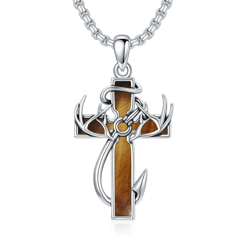 Sterling Silver Fish Hook Cross Pendant Necklace for Men