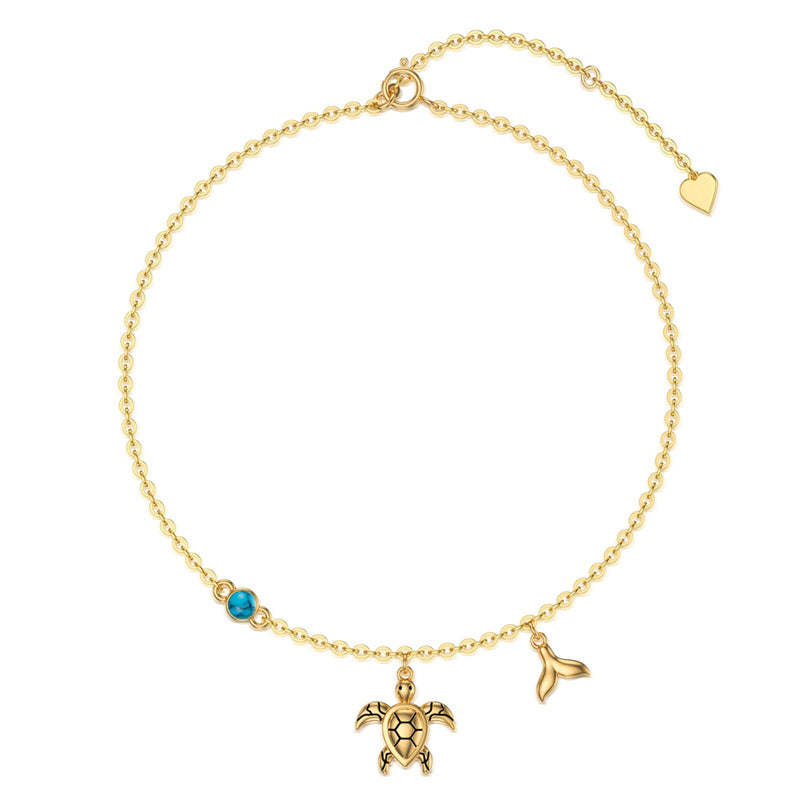 14K Gold Turtle Turquoise Single Layer Anklet