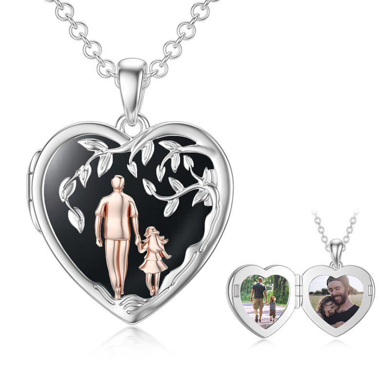 Sterling Silver Personalized Photo Blue Opal Luminous Stone Pink Opal Father Daughter Pendant Necklace
