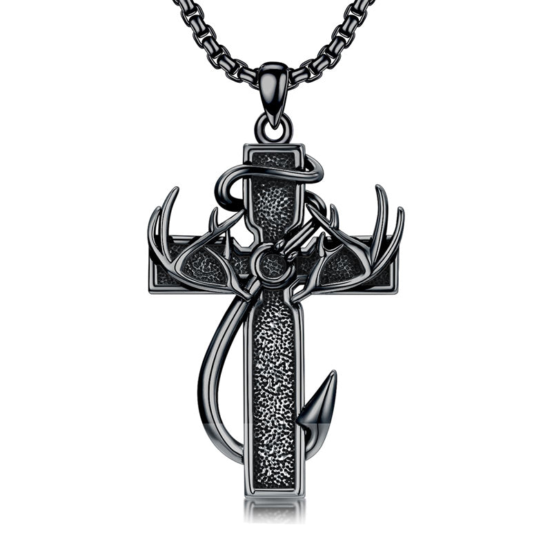 Sterling Silver Fish Hook Cross Pendant Necklace for Men