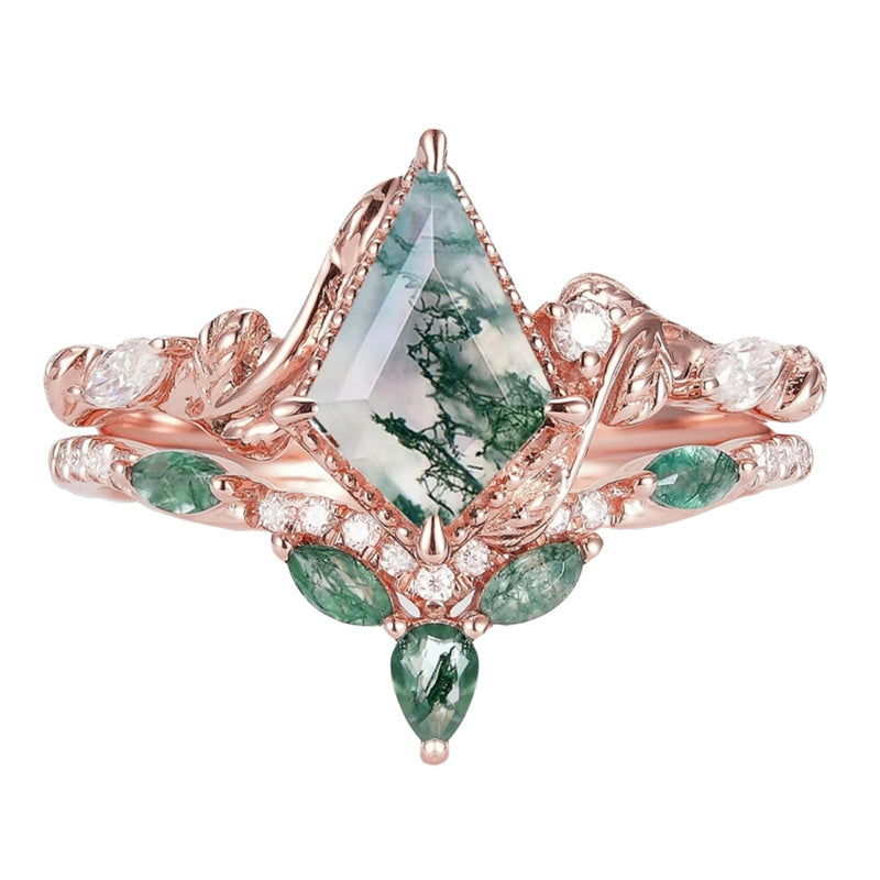 Sterling Silver 10K 14K 18K Gold  Personalized  Engraved Natural Moss Agate Engagement Bridal Wedding Ring Set