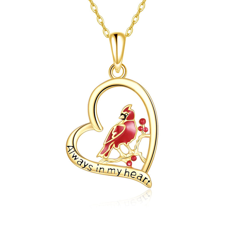 14K Gold Red Cardinal Pendant Necklace Engraved With Always in My Heart