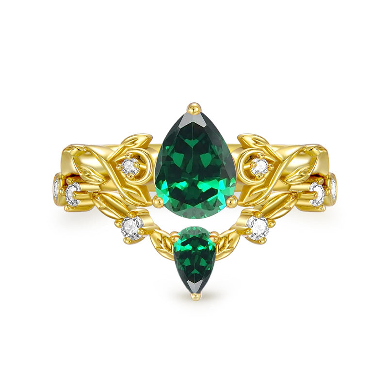 Sterling Silver 10K 14K 18K Gold Pear Cut Gemstone Leaf  Engagement Ring Set