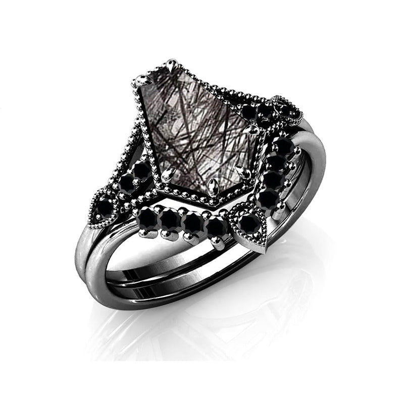 Sterling Silver 10K 14K 18K Personalized Engraved 2CT Natural Black Rutilated Quartz Engagement Ring Set
