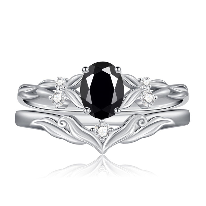 Sterling Silver 10K 14K 18K Gold  Oval Cut Unique Vine Gemstone Wedding Ring Set