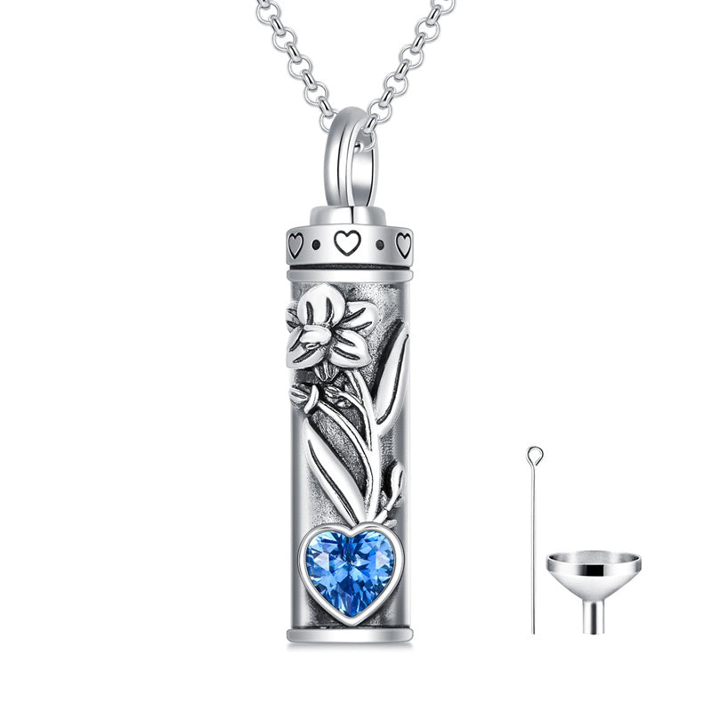Sterling Silver 12 Birthstone Birth Flower  Urn Necklace for Ashes