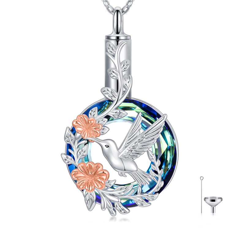 Sterling Silver Crystal Hummingbird Urn Necklace for Ashes