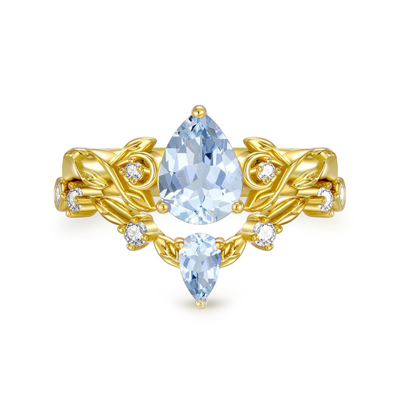 Sterling Silver 10K 14K 18K Gold Pear Cut Gemstone Leaf  Engagement Ring Set