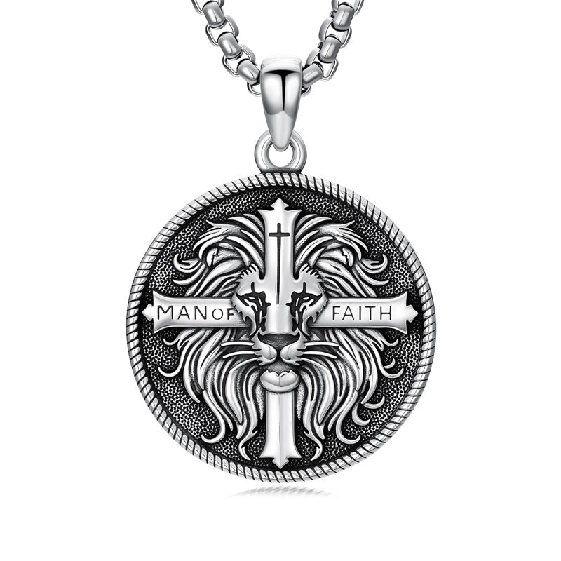 Sterling Silver Faith Bible Lion Pendant Necklace for Men