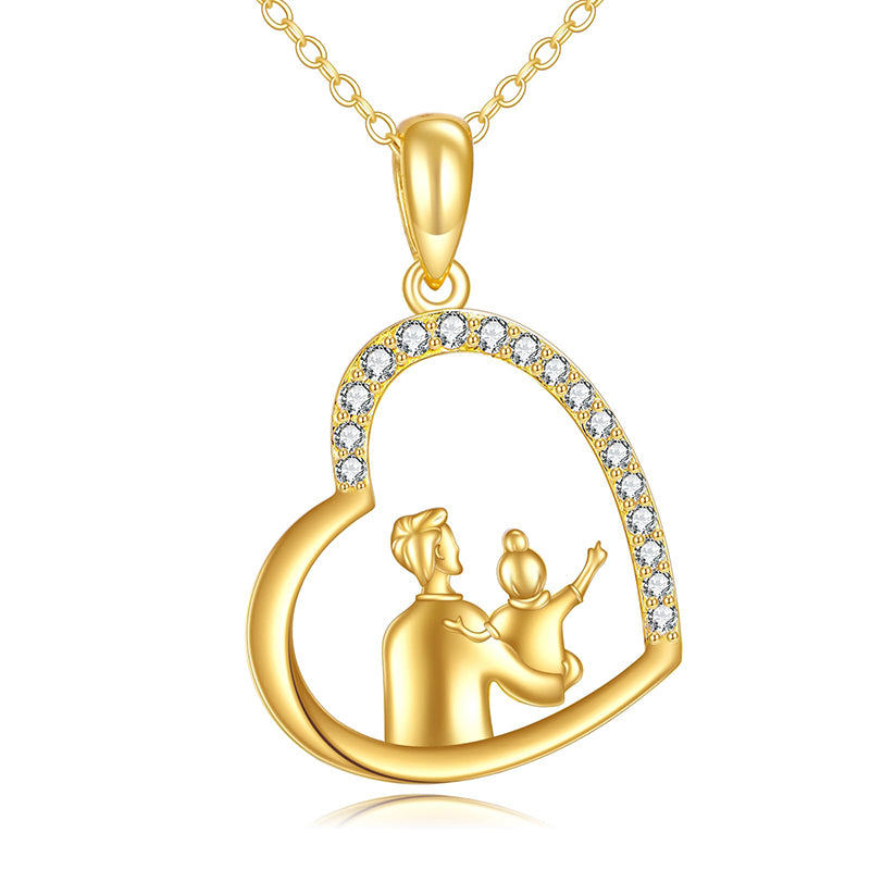 10K 14K 18K Gold Father Daughter Heart Pendant Necklace For Gift