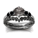 Sterling Silver 10K 14K 18K Personalized Engraved 2CT Natural Black Rutilated Quartz Engagement Ring Set
