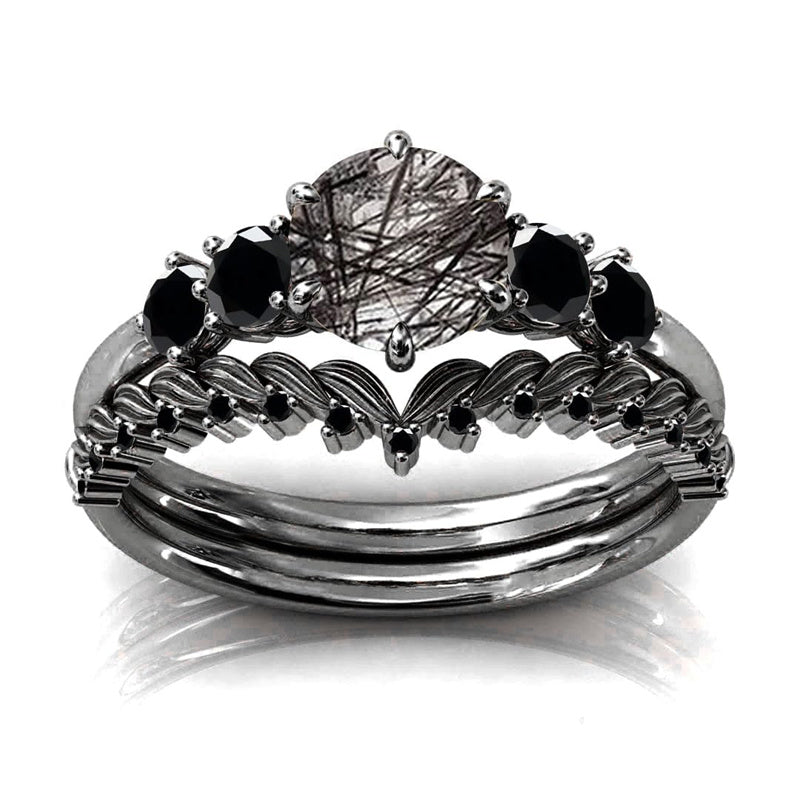 Sterling Silver 10K 14K 18K Personalized Engraved 2CT Natural Black Rutilated Quartz Engagement Ring Set