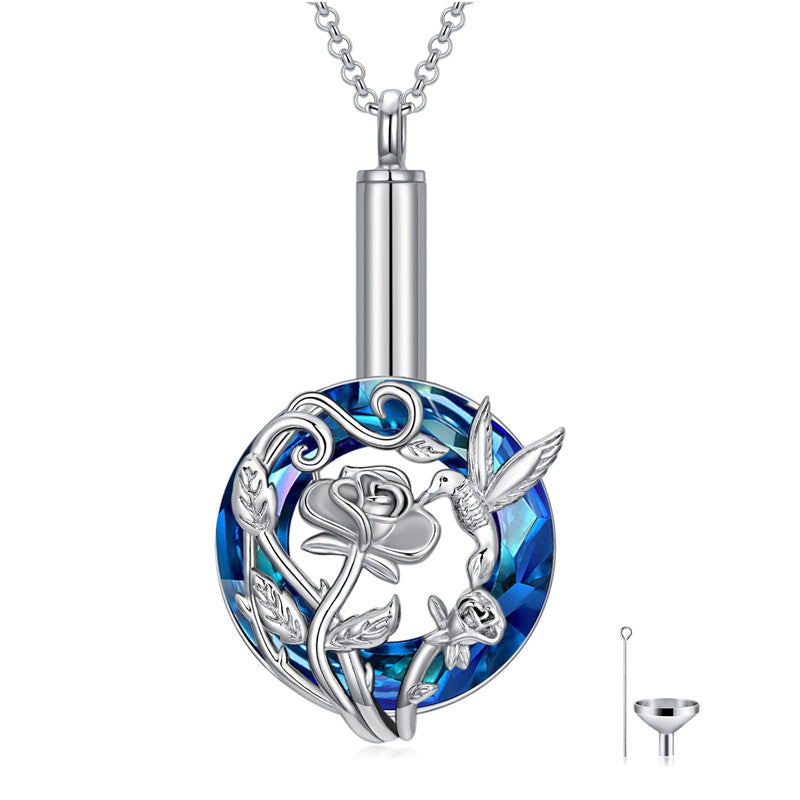 Sterling Silver Crystal Hummingbird Urn Necklace for Ashes