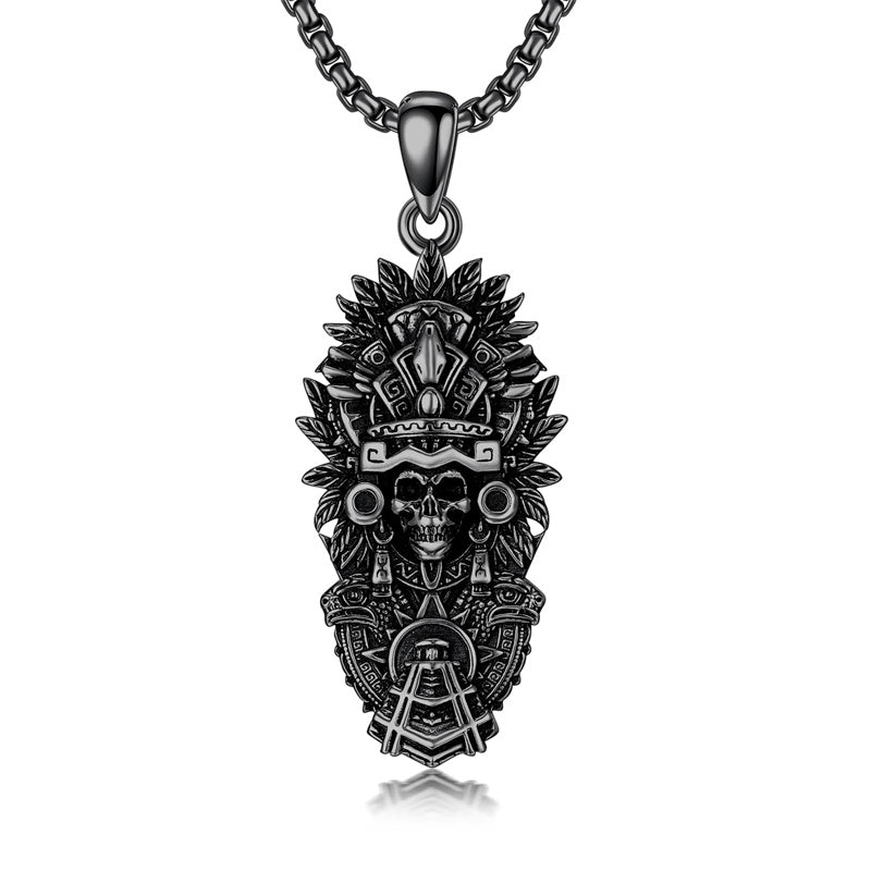 Sterling Silver Mictlantecuhtli Quetzalcoatl Tezcatlipoca Skull Pendant Necklace Aztec Jewelry For Men