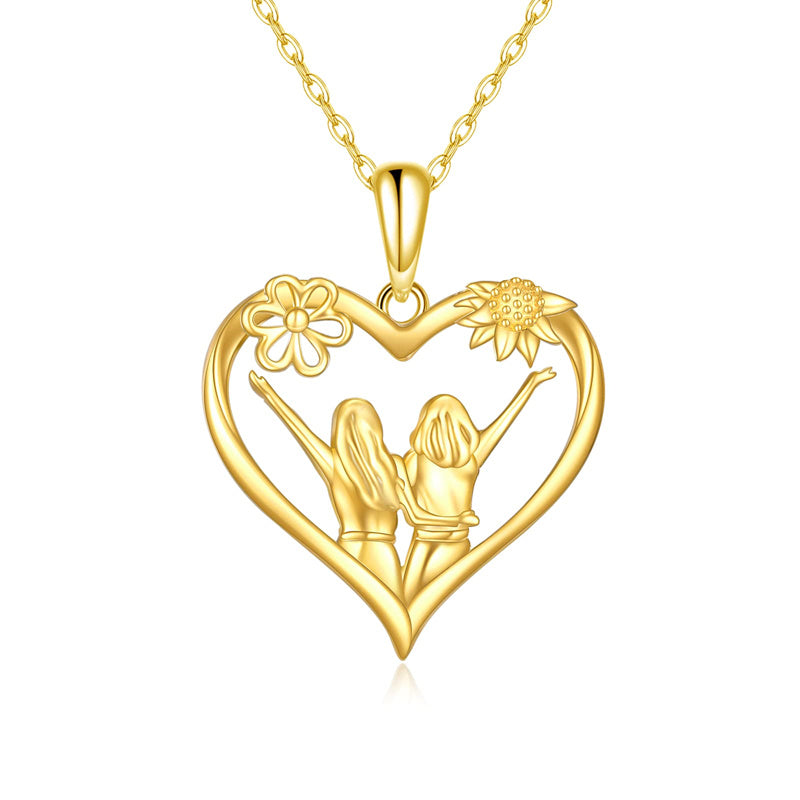 14K Yellow Gold Heart Sister Pendant Necklace
