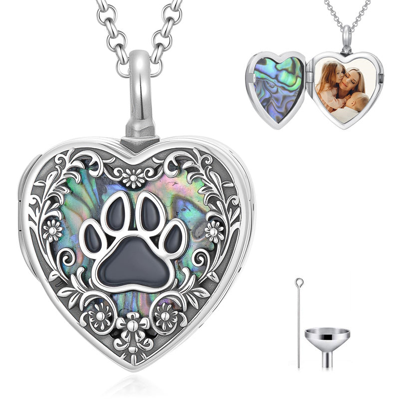 Sterling Silver Abalone Shell Personalized Photo Engraved Heart Cat Pigeon Paw Prints Urn Necklace for Ashes