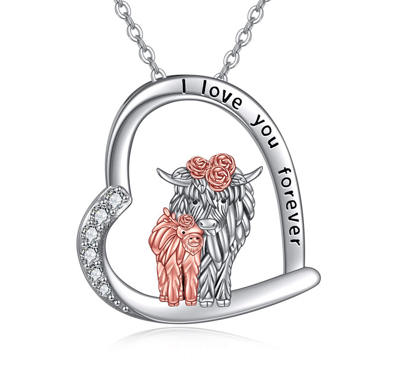 Sterling Silver Heart Highland Cow Pendant Necklace
