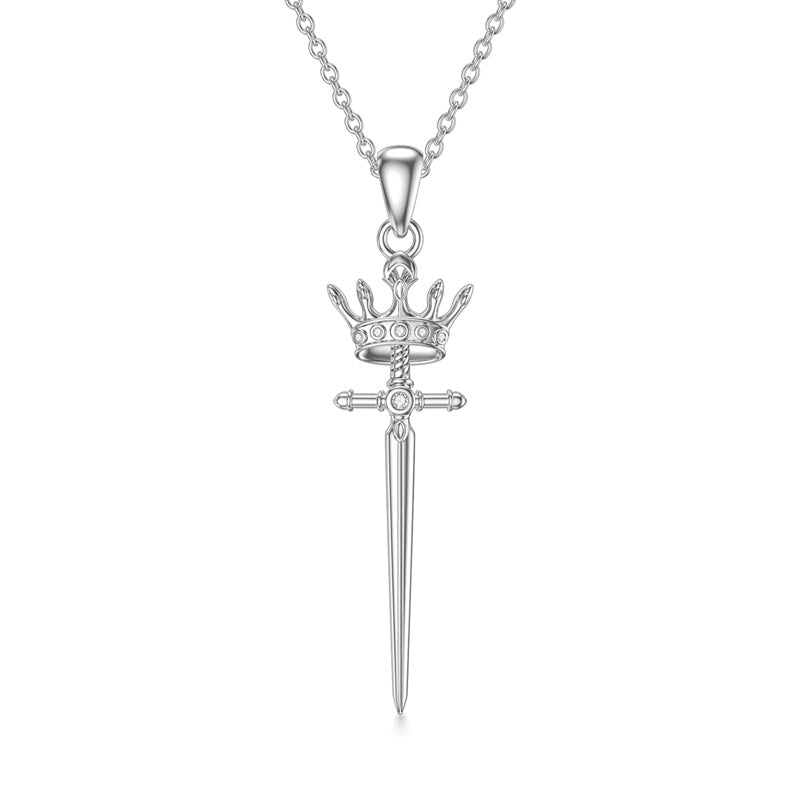 Sterling Silver Crown Sword Pendant Necklace