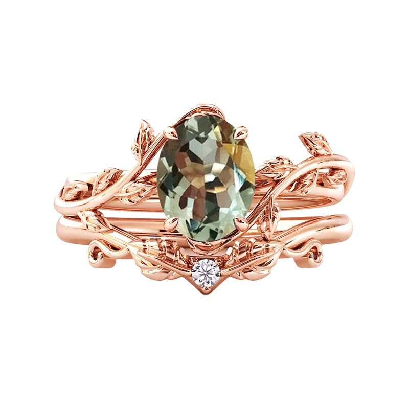 Sterling Silver 10K 14K Gold Leaf Oval Cut Vine Gemstone Set Engagement Wedding Ring