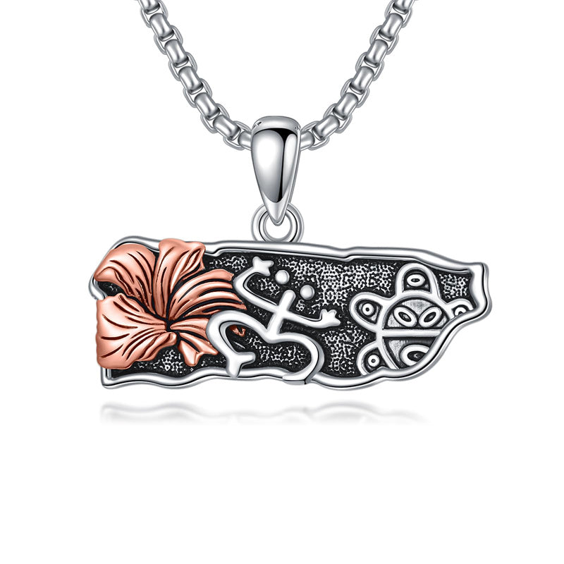 Sterling Silver Frog Puerto Rican Map Pendant Necklace