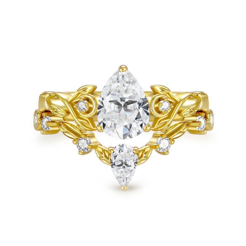 Sterling Silver 10K 14K 18K Gold Pear Cut Gemstone Leaf  Engagement Ring Set