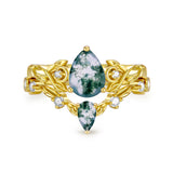 Sterling Silver 10K 14K 18K Gold Pear Cut Gemstone Leaf  Engagement Ring Set