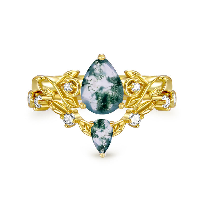 Sterling Silver 10K 14K 18K Gold Pear Cut Gemstone Leaf  Engagement Ring Set