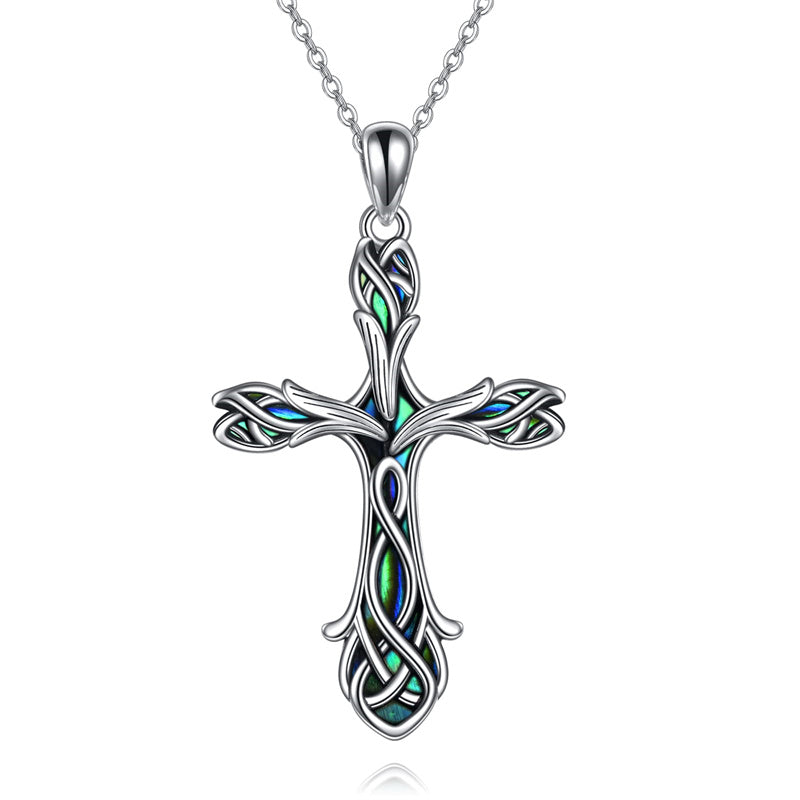 Sterling Silver Abalone Shell Turquoise Origami Cross Pendant Necklace