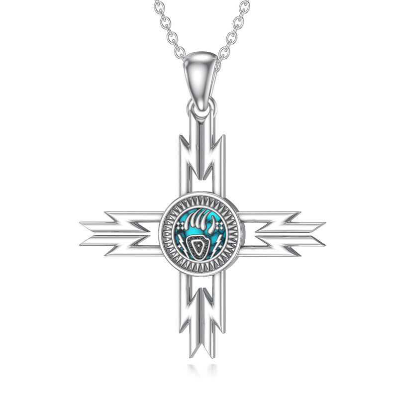 Sterling Silver Turquoise Cross Bear Claw Cowboy Boot Pendant Necklace