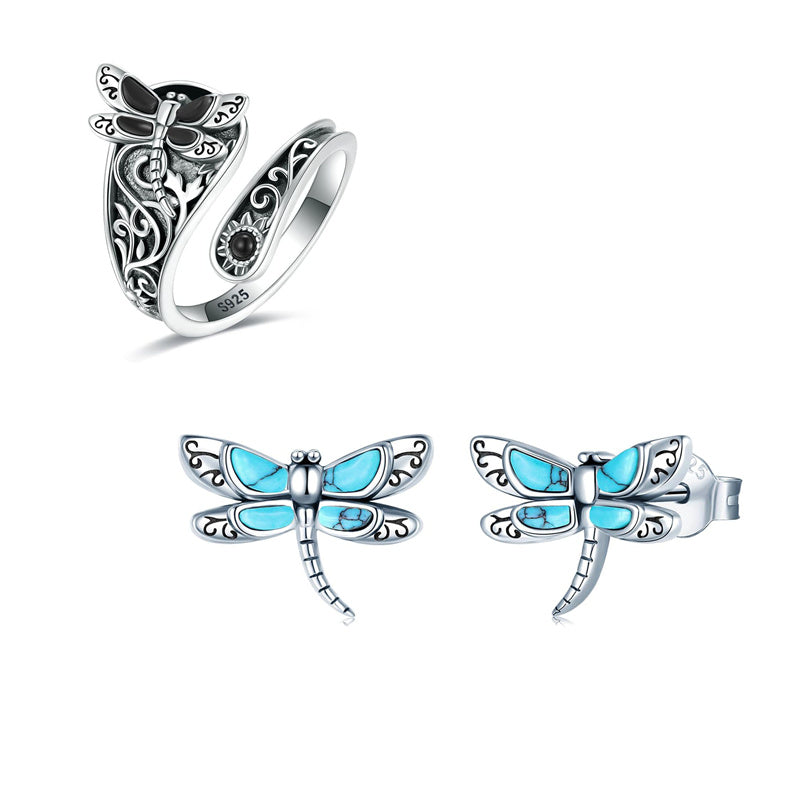 Sterling Silver Vintage Black Onyx Dragonfly Sunflower Spoon Ring and Turquoise Dragonfly Stud Earrings Set