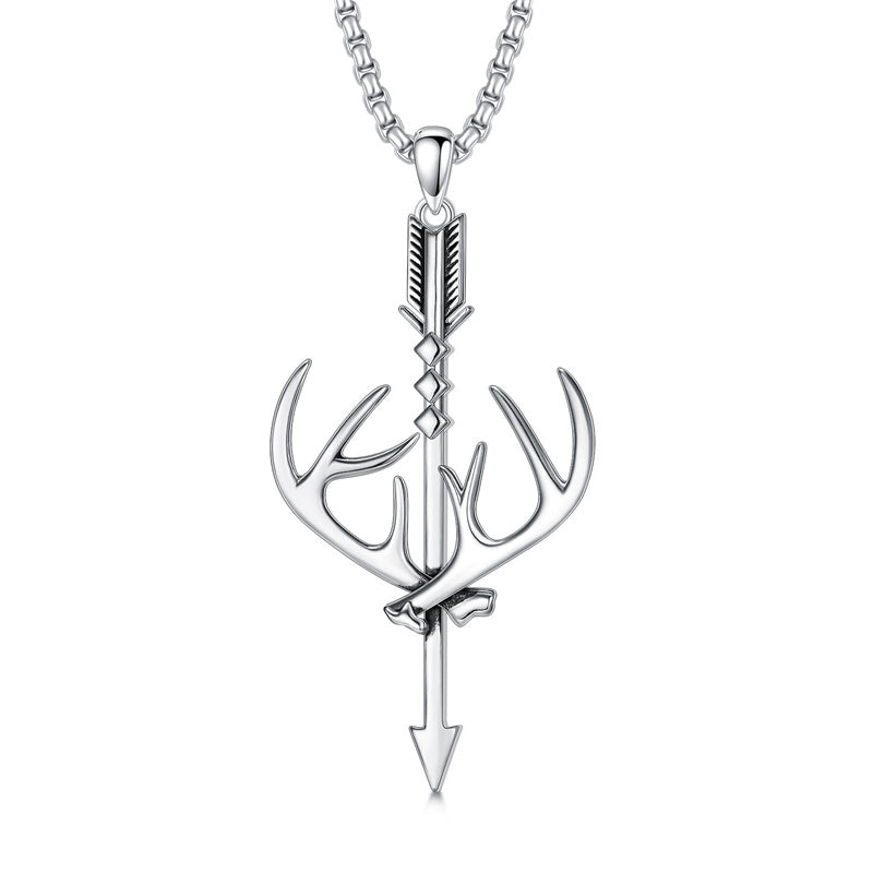 Sterling Silver Cross Deer Antler Fish Hook Hunting Pendant Necklace for Men