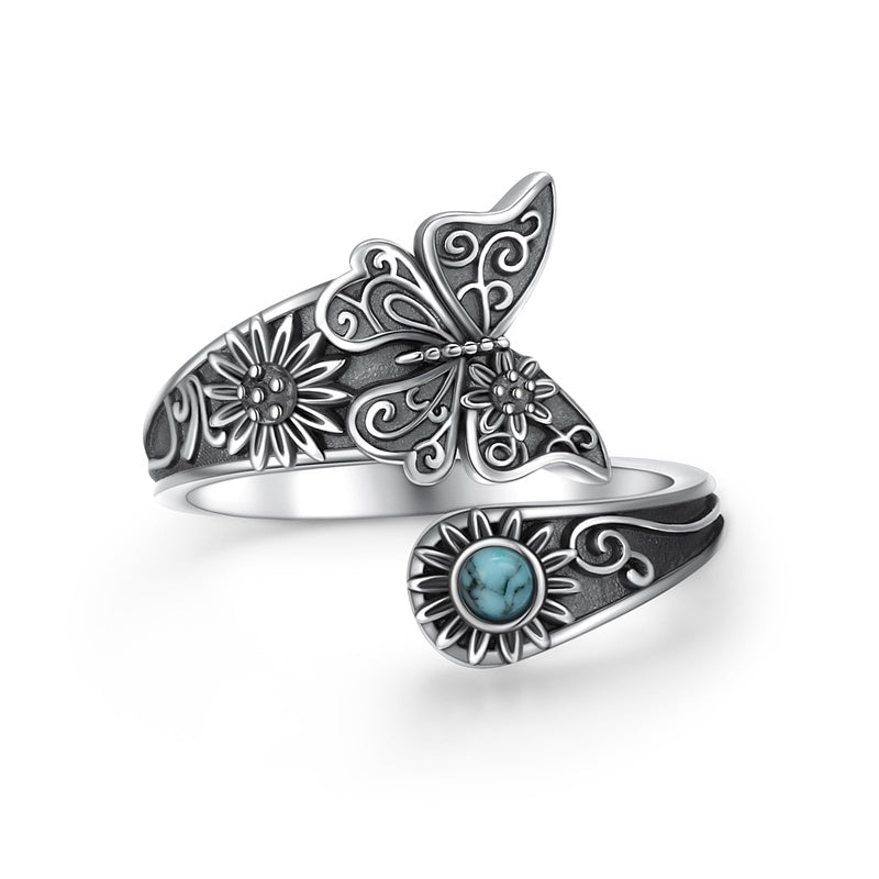 Sterling Silver Oxidized Dragonfly Butterfly Hummingbird Sea Turtle Anchor Cross Tree of Life Sunflower Spoon Ring