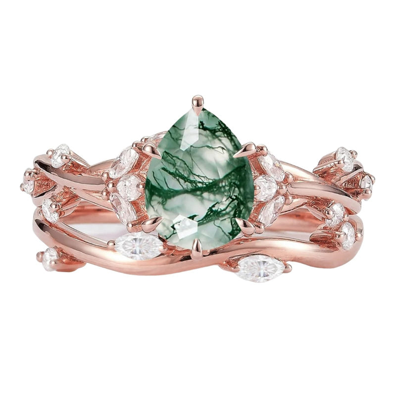 Sterling Silver 10K 14K 18K Gold  Personalized  Engraved Natural Moss Agate Engagement Bridal Wedding Ring Set