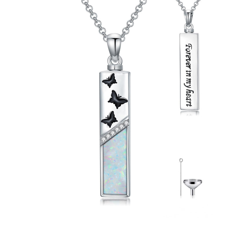 Sterling Silver  Opal Personalized Engraved Bar Pet  Butterfly Dragonfly Tree of Life  Urn Necklace for Ashes