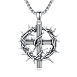 Sterling Silver Crown of Thorns Crucifix Cross Pendant Necklace for Men