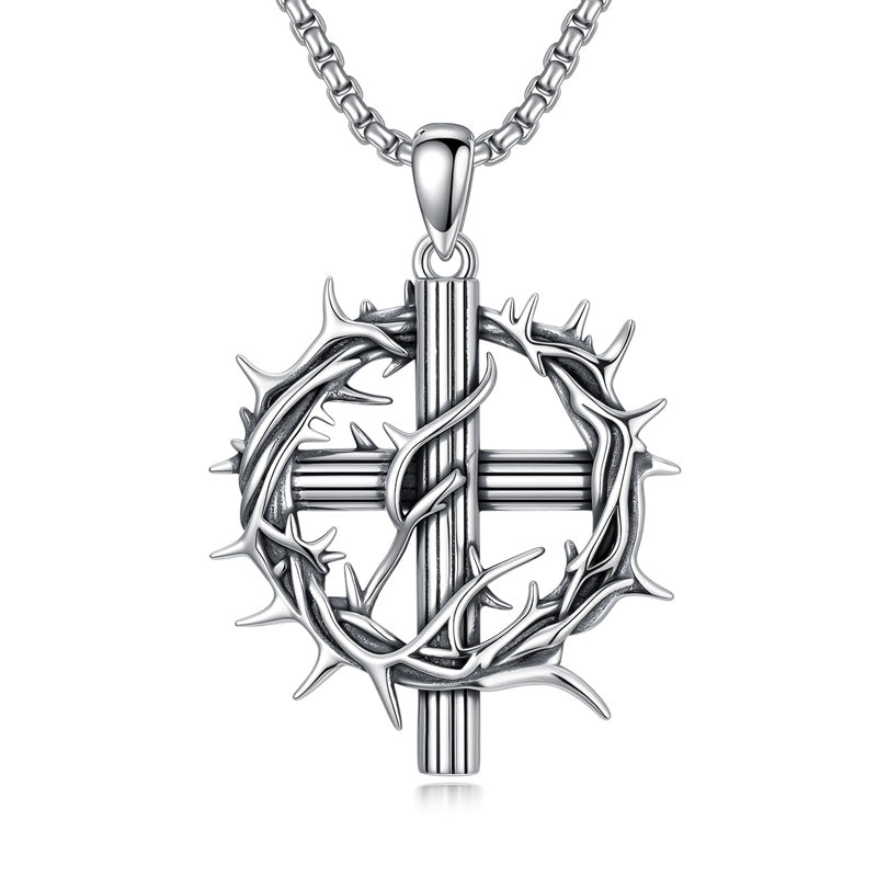 Sterling Silver Crown of Thorns Crucifix Cross Pendant Necklace for Men