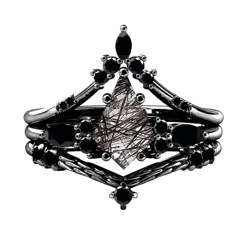 Sterling Silver 10K 14K 18K Personalized Engraved 2CT Natural Black Rutilated Quartz Engagement Ring Set