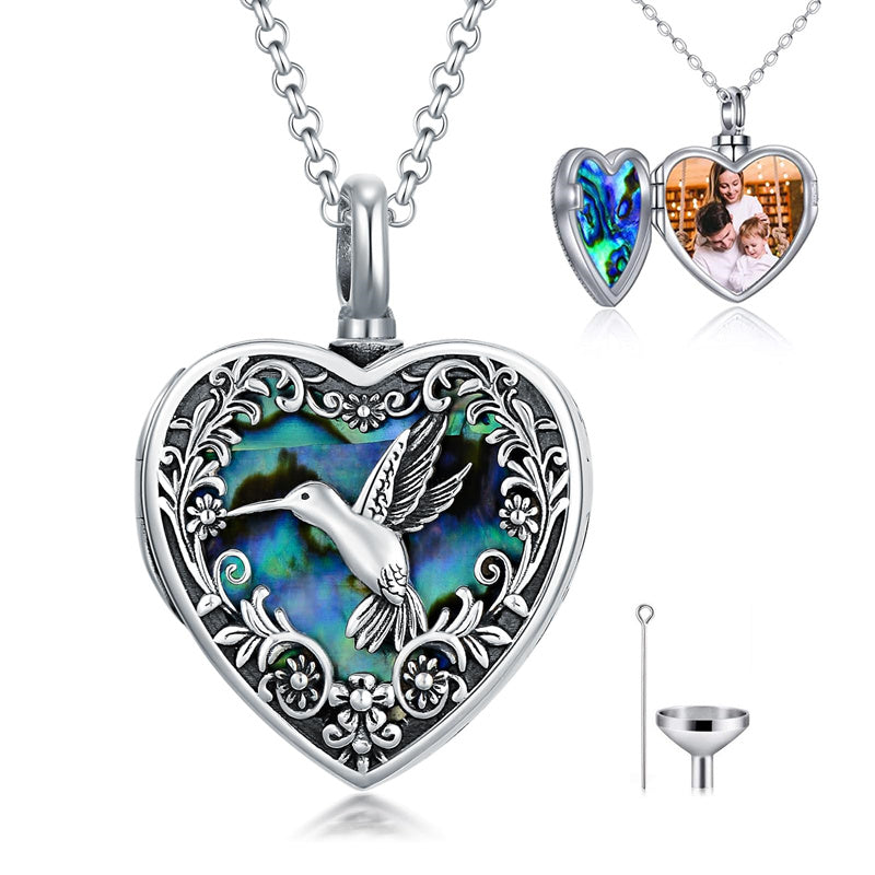 Sterling Silver Abalone Shell Heart Hummingbird Urn Locket Necklace for Ashes Custom Photo Necklace