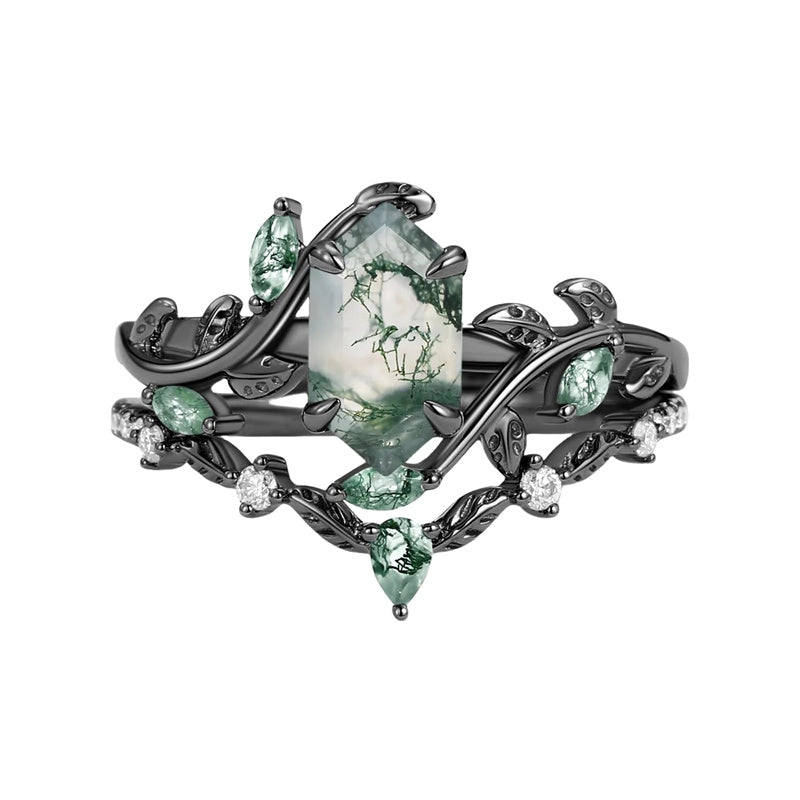 Sterling Silver 10K 14K 18K Gold  Personalized  Engraved Pear Kite Round Cut Moss Agate Engagement Ring Set