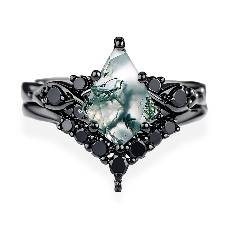 Sterling Silver Personalized Engraved 10K 14K 18K Gold Kite Moss Agate Bridal Promise Wedding Ring Set