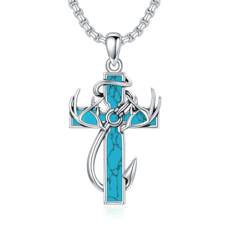 Sterling Silver Fish Hook Cross Pendant Necklace for Men