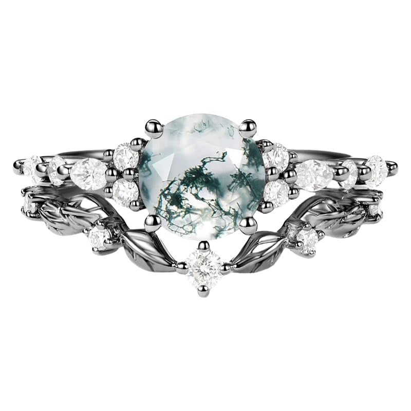 Sterling Silver 10K 14K 18K Gold  Personalized  Engraved Pear Kite Round Cut Moss Agate Engagement Ring Set