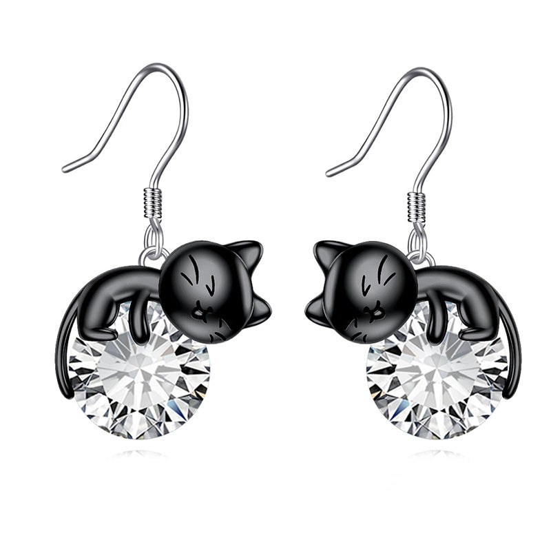 Sterling Silver Rose Quartz Birthstone Cat Dangle Earrings