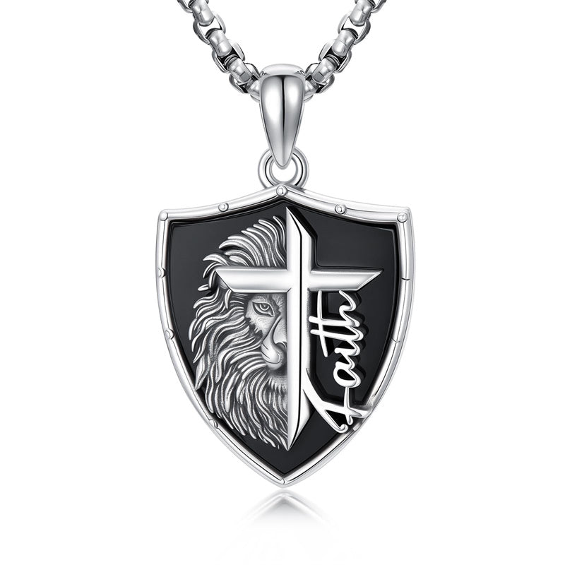 Sterling Silver Faith Bible Lion Pendant Necklace for Men