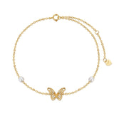 14k Gold Butterfly Pearl Single Layer Anklet