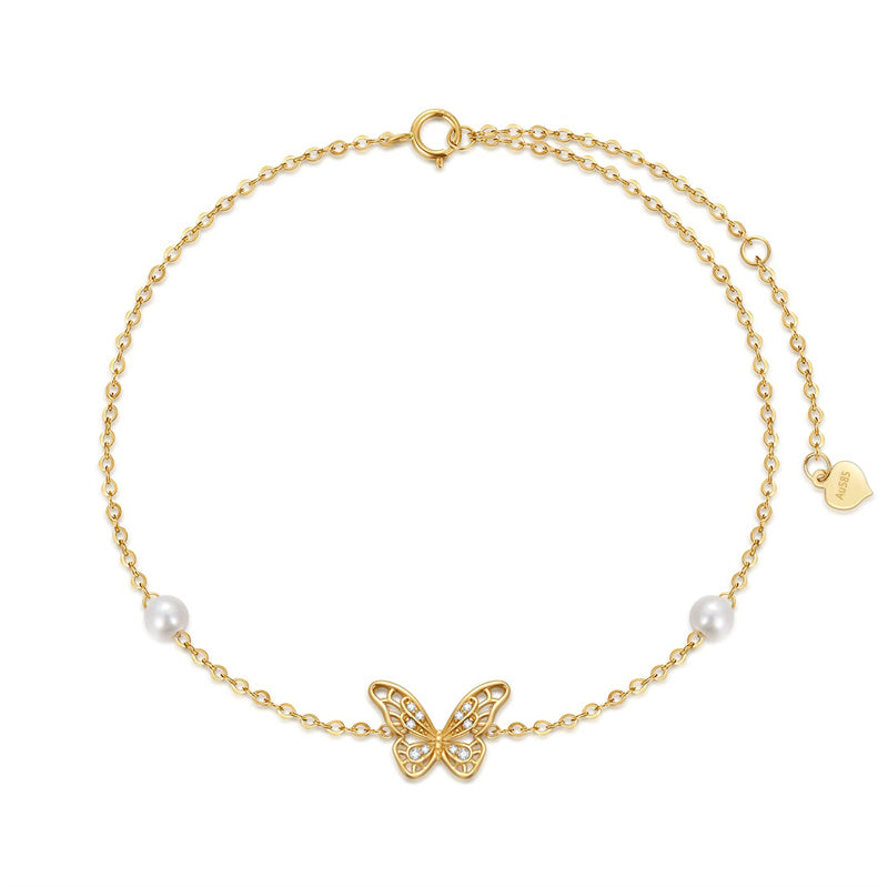 14k Gold Butterfly Pearl Single Layer Anklet