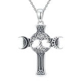 Sterling Silver Shark Fish Hook Triple Moon Cross Pendant Necklace