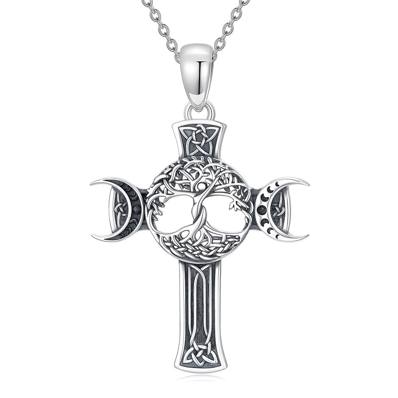 Sterling Silver Shark Fish Hook Triple Moon Cross Pendant Necklace
