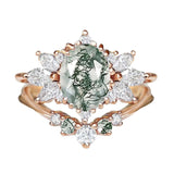 Sterling Silver Personalized  Engraved  Oval Cut Moss Agate Engagement Wedding Ring Set for Women